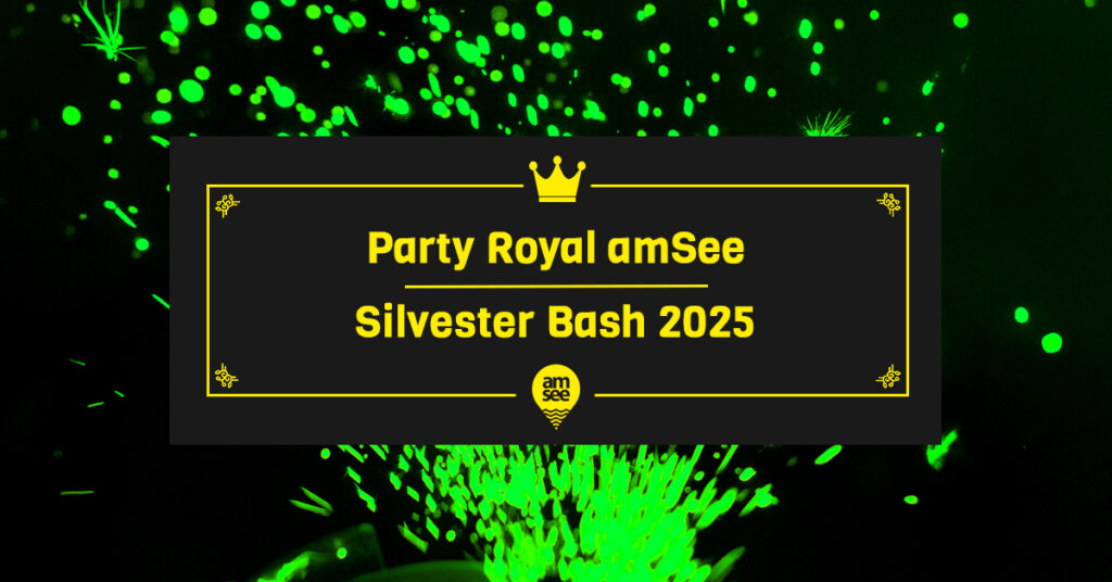 amSee Silvester Bash 2025 - Schriftzug und Logo auf dunklem Hintergrund mit neongrünen Sprenkeln