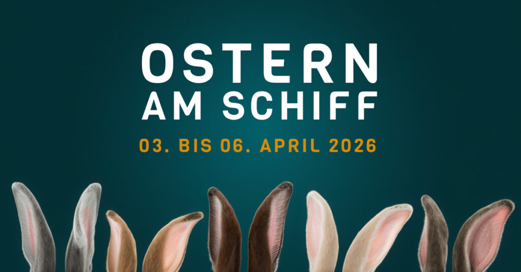 Schriftzug Ostern am Schiff, 2.-6-4.2026, darunter weiche Hasenohren